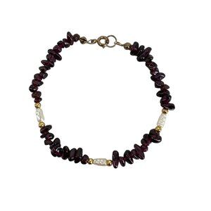 Garnet & Pearl Bracelet With Gold-Plated Accents Spring Ring Clasp‎